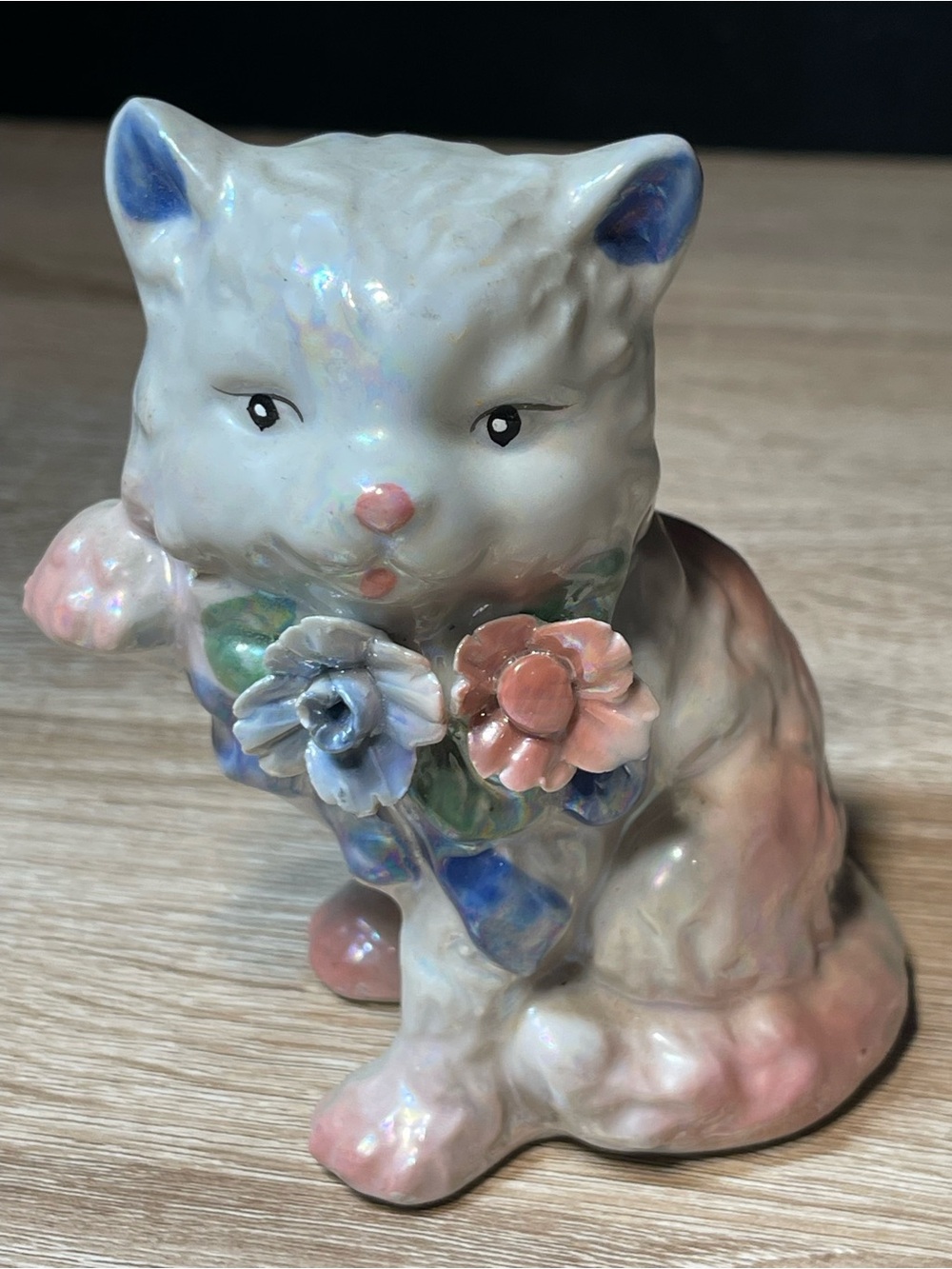 Vintage lustreware Ceramic Cat Figurine with Pastel Flowers